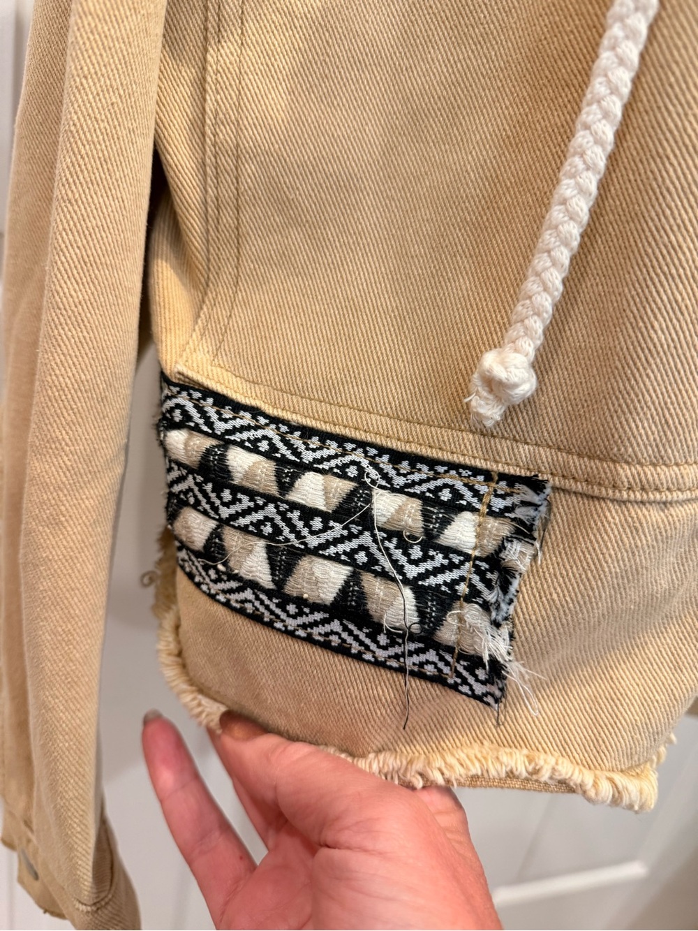 POL Small Tan Boho Embroidered Raw Edge Utility Moto Jacket - Picture 6 of 10